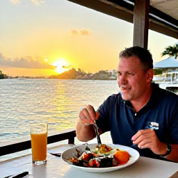 Caribbean Holidays, Solo Holidays, Solo traveller enjoying a local seafood meal at a waterside restaurant in Sint Maarten at sunset