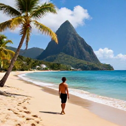 Caribbean Holidays, Solo Holidays, Solo traveller enjoying a quiet golden beach in Saint Lucia with palm trees, clear turquoise water and green mountains in the distance