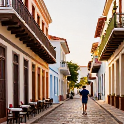 Caribbean Holidays, Solo Holidays, Solo traveller exploring colourful colonial streets in Santo Domingo, Dominican Republic, historic buildings, caf&eacute; tables and warm afternoon light
