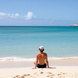 Caribbean Holidays, Solo Holidays, Solo traveller relaxing on a bright Caribbean beach in Saint Martin, calm turquoise sea and soft golden sand