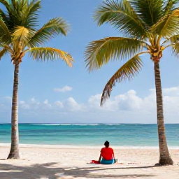 Caribbean Holidays, Solo Holidays, Solo traveller relaxing on a bright Caribbean beach in the Dominican Republic during July, palm trees, calm turquoise sea and warm sunshine