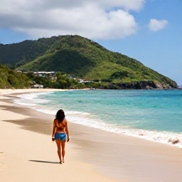 Caribbean Holidays, Solo Holidays, Solo traveller relaxing on a quiet golden beach in Saint Lucia in November, tropical sea and green hills in the background
