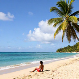 Caribbean Holidays, Solo Holidays, Solo traveller relaxing on a quiet golden beach in Saint Vincent and the Grenadines, turquoise sea, palm trees and a peaceful Caribbean atmosphere