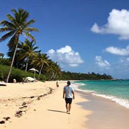 Caribbean Holidays, Solo Holidays, Solo traveller walking along a quiet golden beach in Saint Kitts with turquoise sea and palm trees