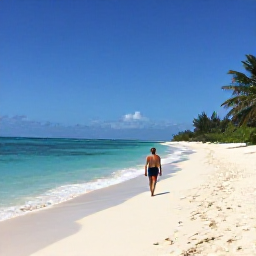 Caribbean Holidays, Solo Holidays, Solo traveller walking along a quiet white-sand beach in Providenciales, Turks and Caicos, turquoise sea and bright Caribbean sunshine