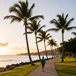 Caribbean Holidays, Solo Holidays, Solo traveller walking safely along a palm-lined coastal path in Saint Martin with golden evening light
