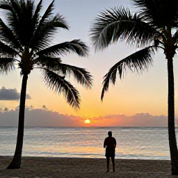 Caribbean Holidays, Solo Holidays, Solo traveller watching a colourful Caribbean sunset from a Dominican Republic beach, palm silhouettes, calm sea and warm evening sky