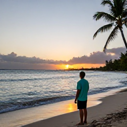 Caribbean Holidays, Solo Holidays, Solo traveller watching a vivid Caribbean sunset from a peaceful beach with gentle waves and palm trees