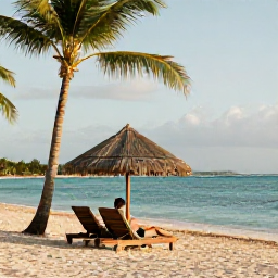 Caribbean Holidays, Solo Holidays, Solo visitor enjoying a peaceful morning at a Dominican Republic beach resort, shaded loungers, palm trees and turquoise water