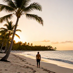 Caribbean Holidays, Solo Holidays, Solo visitor walking along a palm-lined beach at sunrise in the Dominican Republic