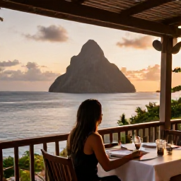 Caribbean Holidays, Solo Saint Lucia, Relaxed solo traveller dining at an open-air restaurant overlooking the Caribbean Sea at sunset in Saint Lucia