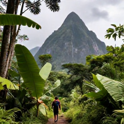 Caribbean Holidays, Solo Saint Lucia, Solo hiker walking through lush rainforest towards the Pitons in Saint Lucia, with dramatic volcanic peaks in the distance