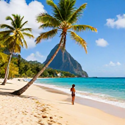 Caribbean Holidays, Solo Saint Lucia, Solo traveller enjoying a quiet golden-sand beach in Saint Lucia in May, with turquoise sea and palm trees