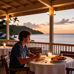 Caribbean Holidays, Solo September, A peaceful solo traveller dining at an outdoor Caribbean restaurant in Saint Kitts at sunset, with fresh seafood, tropical surroundings and warm lights