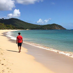 Caribbean Holidays, Solo September, A solo traveller walking along a quiet golden beach on Saint Kitts in September, with calm turquoise water and green hills in the distance