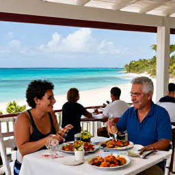 Caribbean Holidays, Solo Turks Caicos, A friendly solo diner enjoying fresh seafood at an open-air restaurant overlooking the Caribbean Sea in Providenciales