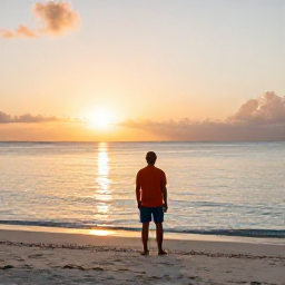 Caribbean Holidays, Solo Turks Caicos, A solo traveller watching a golden sunset over the calm Caribbean Sea from a quiet Turks and Caicos beach