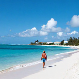 Caribbean Holidays, Solo Turks Caicos, A solo visitor walking along Grace Bay Beach with calm turquoise sea, soft white sand and low-rise island resorts in May