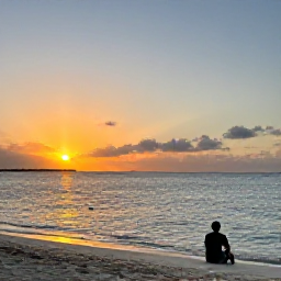 Caribbean Holidays, Solo Turks Caicos, Peaceful sunset over Grace Bay beach in Turks and Caicos, with a relaxed solo traveller sitting near the shoreline