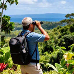 Caribbean Holidays, Sporting Birdwatching, Birdwatcher with binoculars overlooking a lush Caribbean forest and distant blue hills