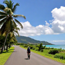 Caribbean Holidays, Sporting Birdwatching, Cyclist riding along a quiet Caribbean road beside palms, hills and a bright tropical coastline