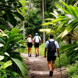 Caribbean Holidays, Sporting Birdwatching, Hikers walking a forest trail in the Caribbean, with a small colourful bird perched on nearby foliage
