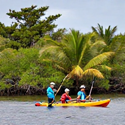Caribbean Holidays, Sporting Birdwatching, Kayakers paddling through calm Caribbean mangroves with tropical birds in the surrounding trees