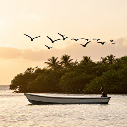 Caribbean Holidays, Sporting Birdwatching, Small wildlife boat travelling beside a Caribbean mangrove island at sunrise, with seabirds overhead