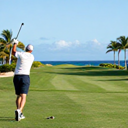 Caribbean Holidays, Sporting Breaks, Caribbean golf course overlooking the sea, with lush fairways, palm trees and a golfer preparing to swing