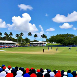 Caribbean Holidays, Sporting Breaks, Cricket match at a Caribbean ground with colourful supporters, palm trees and bright blue sky