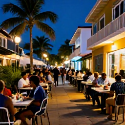 Caribbean Holidays, Sporting Breaks, Evening Caribbean city street with sports fans enjoying outdoor dining, music and a warm relaxed atmosphere