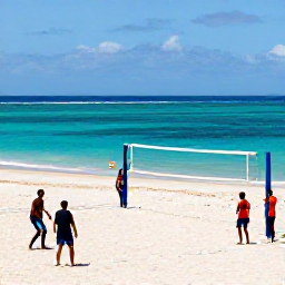 Caribbean Holidays, Sporting Breaks, Golden Caribbean beach with travellers playing beach football and volleyball beside clear turquoise water