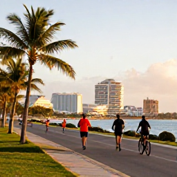 Caribbean Holidays, Sporting Breaks, Vibrant Caribbean city waterfront with runners, cyclists and palm trees in warm morning light