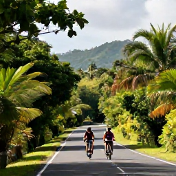 Caribbean Holidays, Sporting Holidays, A family cycling along a quiet tropical Caribbean road with lush vegetation and distant hills