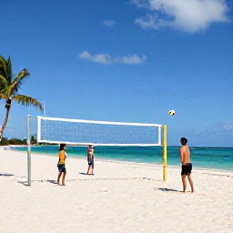 Caribbean Holidays, Sporting Holidays, A family playing beach volleyball beside clear turquoise Caribbean water, palm trees and bright sunshine