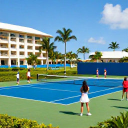 Caribbean Holidays, Sporting Holidays, A friendly group playing tennis on a well-kept court at a Caribbean all-inclusive resort