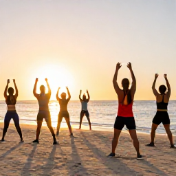 Caribbean Holidays, Sporting Holidays, A friendly group taking an outdoor fitness class on a Caribbean beach at sunrise