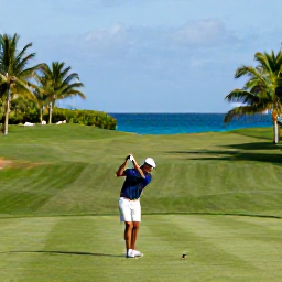 Caribbean Holidays, Sporting Holidays, A golfer teeing off on a lush Caribbean golf course with tropical greenery and blue sea in the background