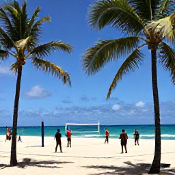 Caribbean Holidays, Sporting Holidays, A lively Caribbean beach with travellers playing beach volleyball and water sports beneath palm trees
