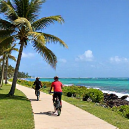 Caribbean Holidays, Sporting Holidays, Active holidaymakers cycling along a scenic Caribbean coastal path with palm trees and ocean views