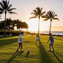 Caribbean Holidays, Sporting Holidays, Children and parents playing football on a Caribbean resort lawn at sunset