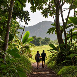 Caribbean Holidays, Sporting Holidays, Couple hiking along a lush Caribbean rainforest trail with mountain views and sunlight through the trees