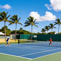 Caribbean Holidays, Sporting Holidays, Couple playing tennis on a tropical resort court with palm trees and a bright blue sky