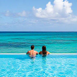 Caribbean Holidays, Sporting Holidays, Couple relaxing by an infinity pool overlooking a turquoise Caribbean sea after a day of sport