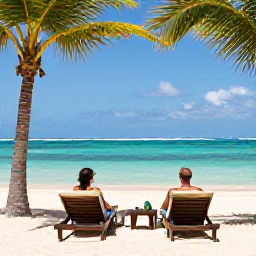 Caribbean Holidays, Sporting Holidays, Couple relaxing on a Caribbean beach after watersports, with sun loungers, palm trees and calm turquoise sea