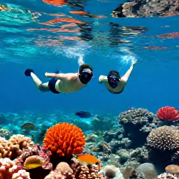 Caribbean Holidays, Sporting Holidays, Couple snorkelling over a colourful Caribbean coral reef with tropical fish in clear shallow water