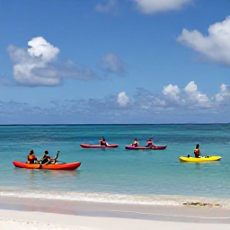 Caribbean Holidays, Sporting Holidays, Families kayaking and paddleboarding across calm tropical sea near a sandy Caribbean beach
