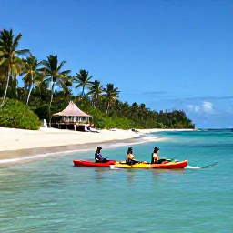 Caribbean Holidays, Sporting Holidays, Guests kayaking and paddleboarding in calm turquoise water beside a tropical Caribbean beach
