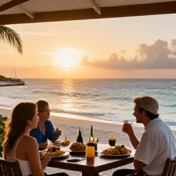 Caribbean Holidays, Sporting Holidays, Travellers relaxing at a Caribbean beachfront restaurant after a day of sport, with local food and sunset views