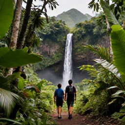 Caribbean Holidays, Sporting Honeymoons, A couple hiking through a green Caribbean rainforest with a waterfall and mountains in the distance